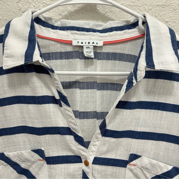 Tribal White and Blue Stripe Cotton 3/4 Sleeve Tab Half Button Down Top Size L - Picture 5 of 8